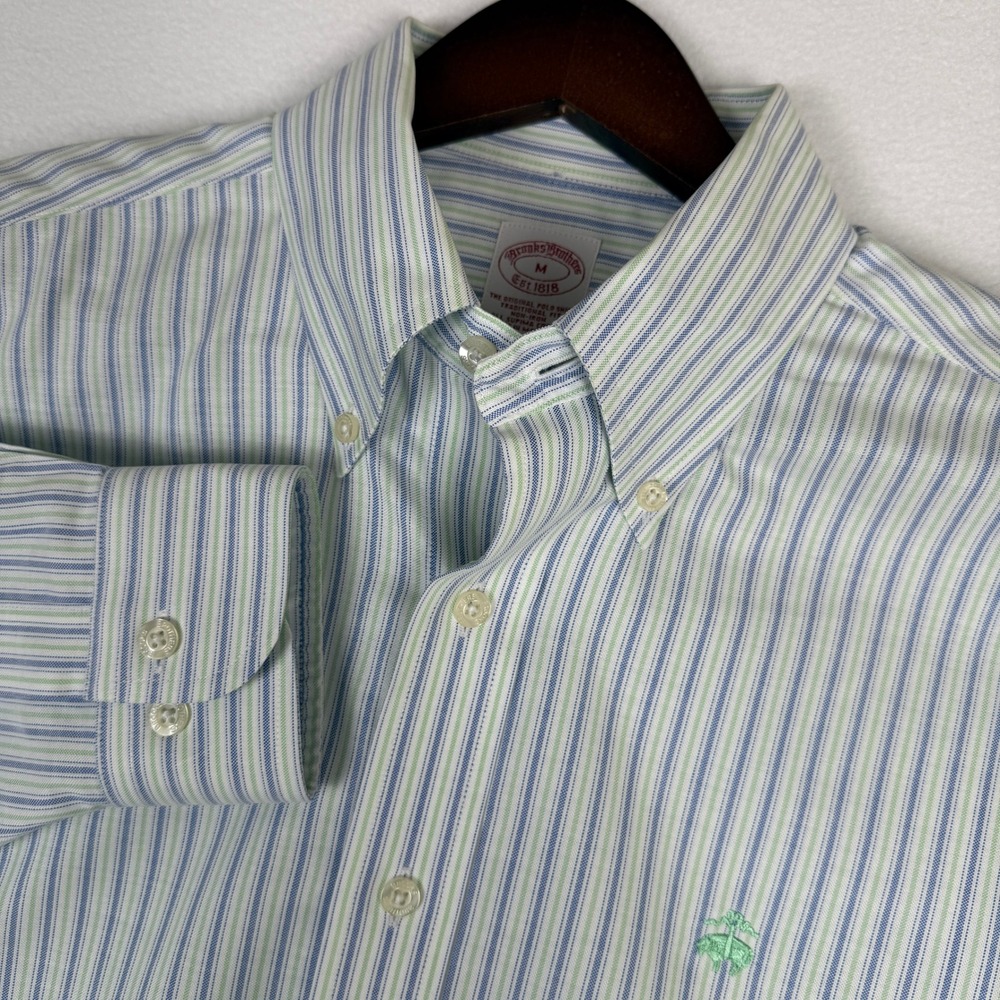Brooks Brothers Dress Shirt Mens Medium Long Sleeve Vertical Stripe Embroidered